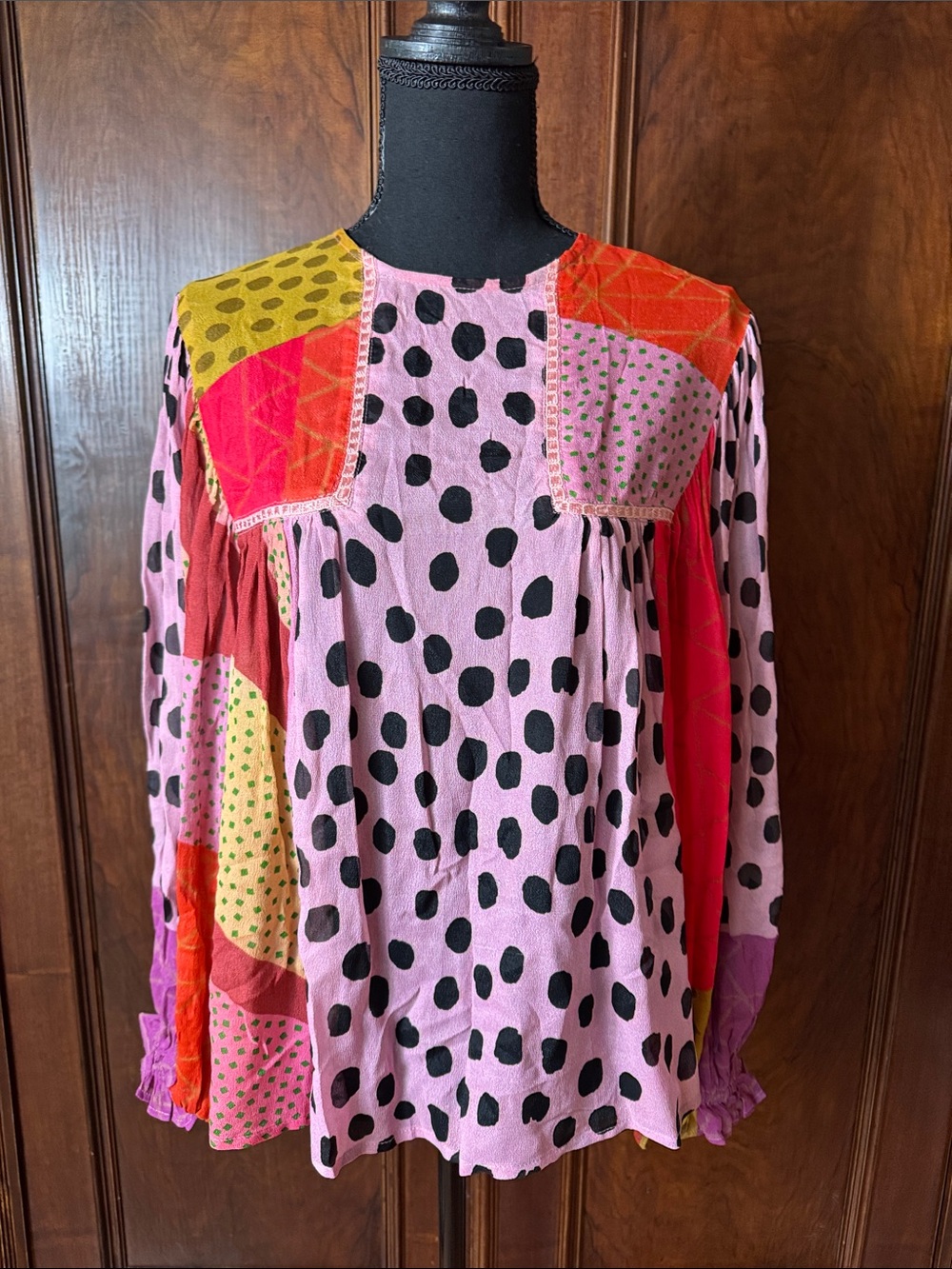 Anthropologie bl^nk Pink Polka Dot Patchwork Long-Sleeve Blouse